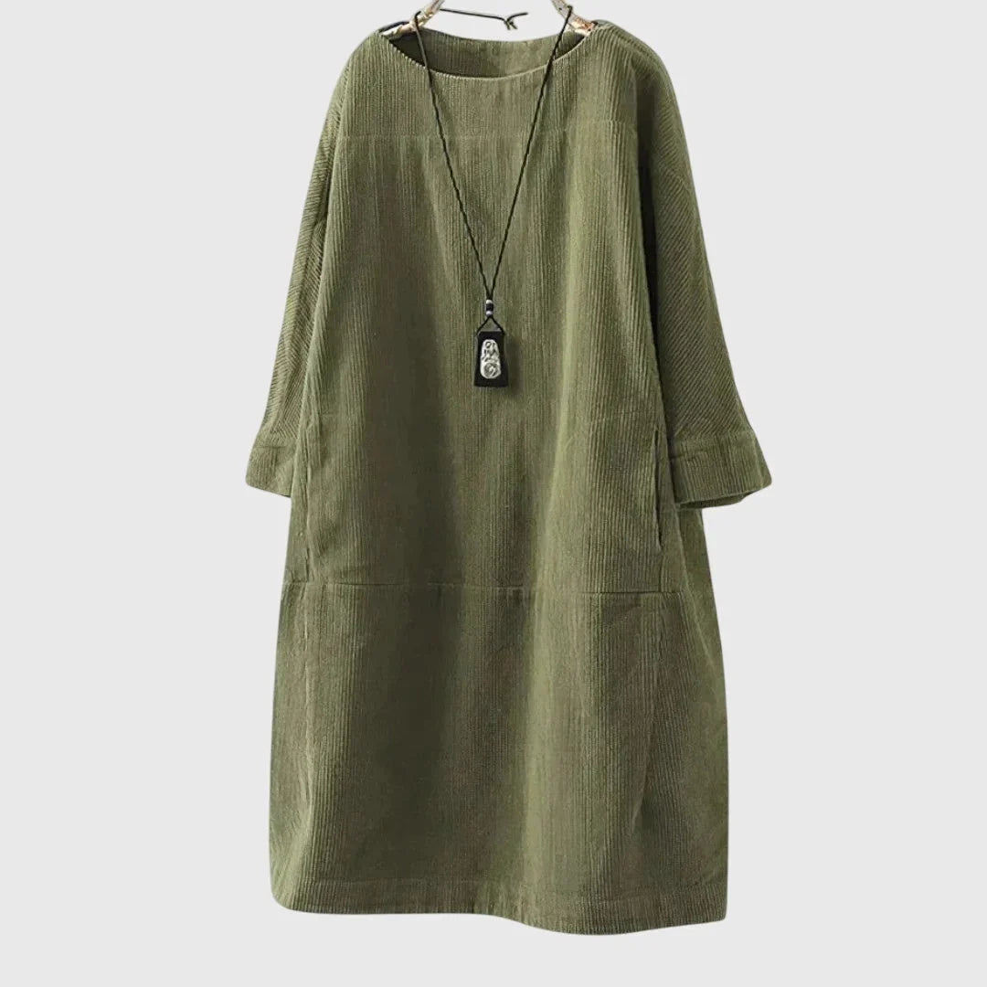 Women's corduroy crew neck midi dress with two patch pockets