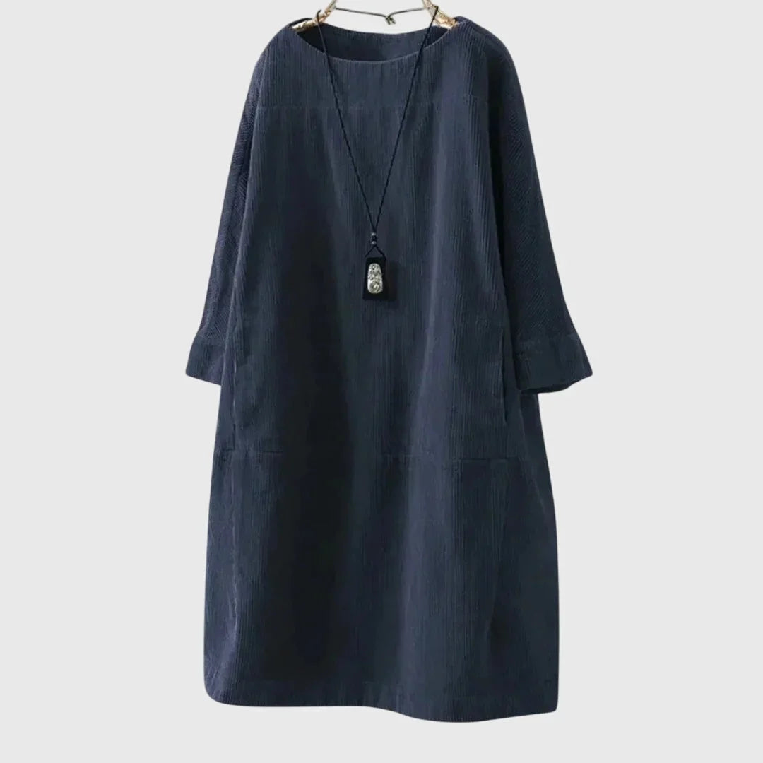 Women's corduroy crew neck midi dress with two patch pockets