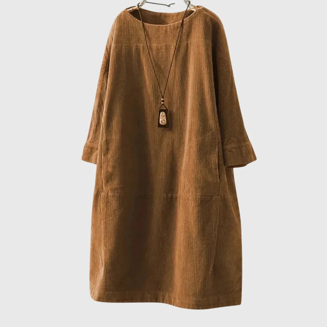 Women's corduroy crew neck midi dress with two patch pockets