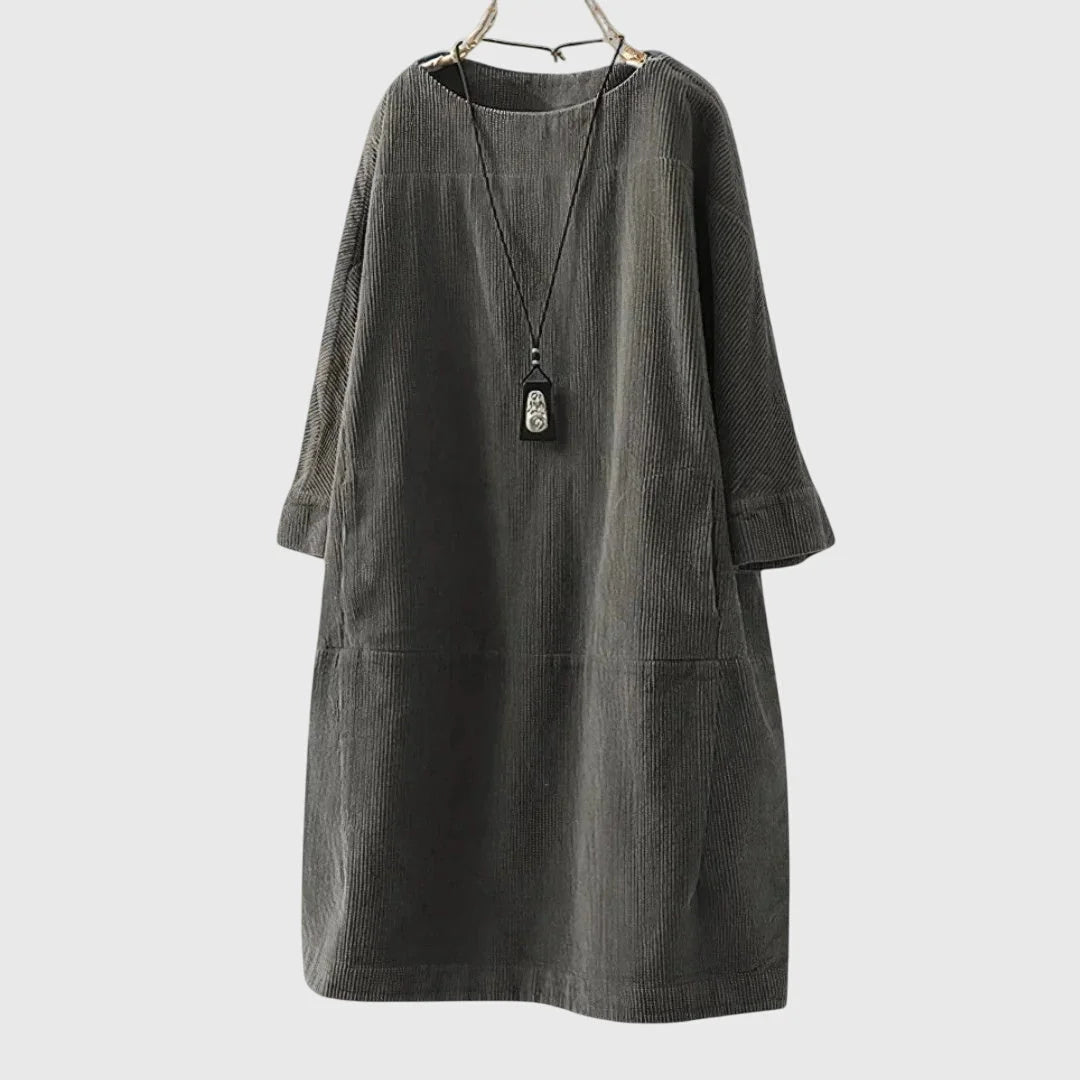 Women's corduroy crew neck midi dress with two patch pockets