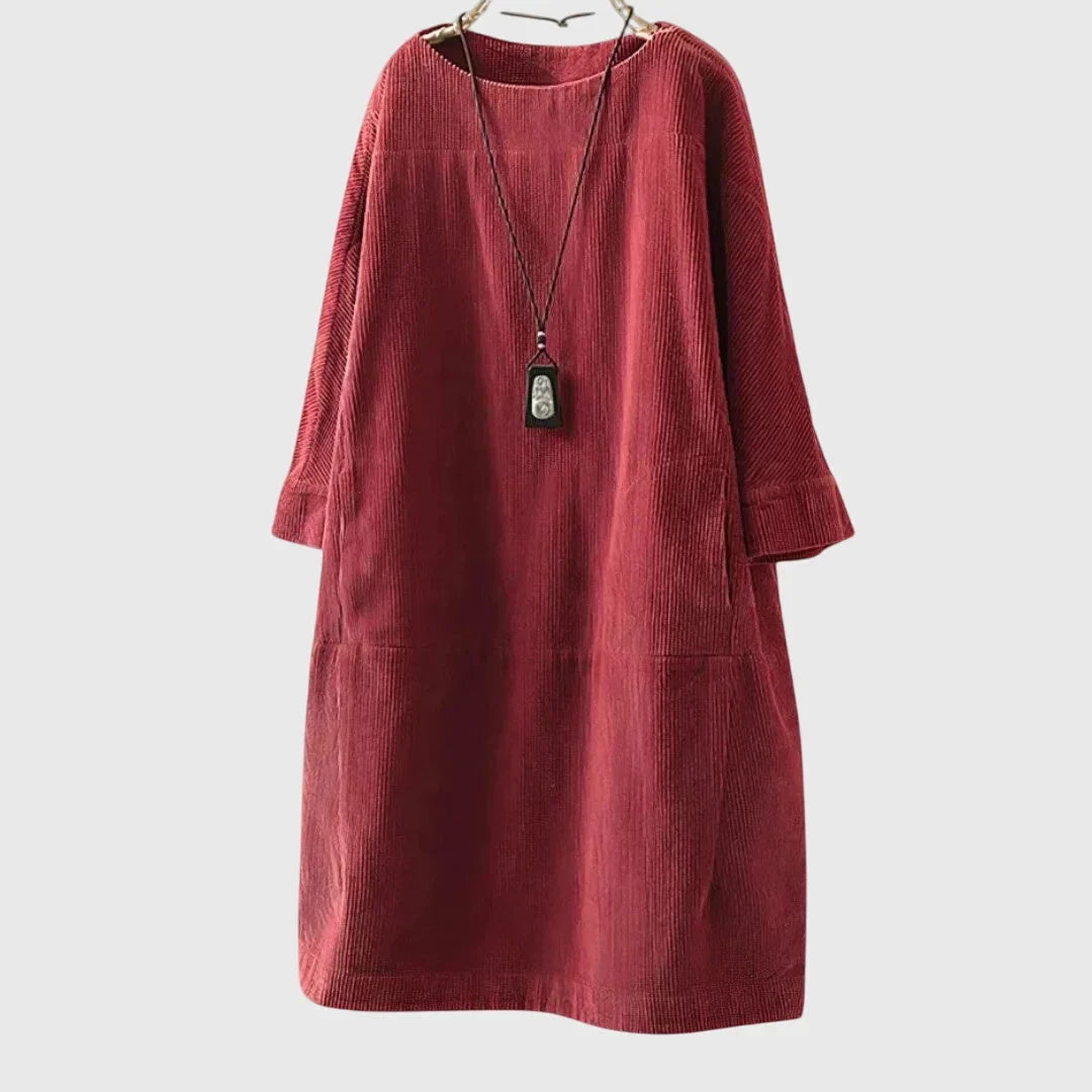 Women's corduroy crew neck midi dress with two patch pockets