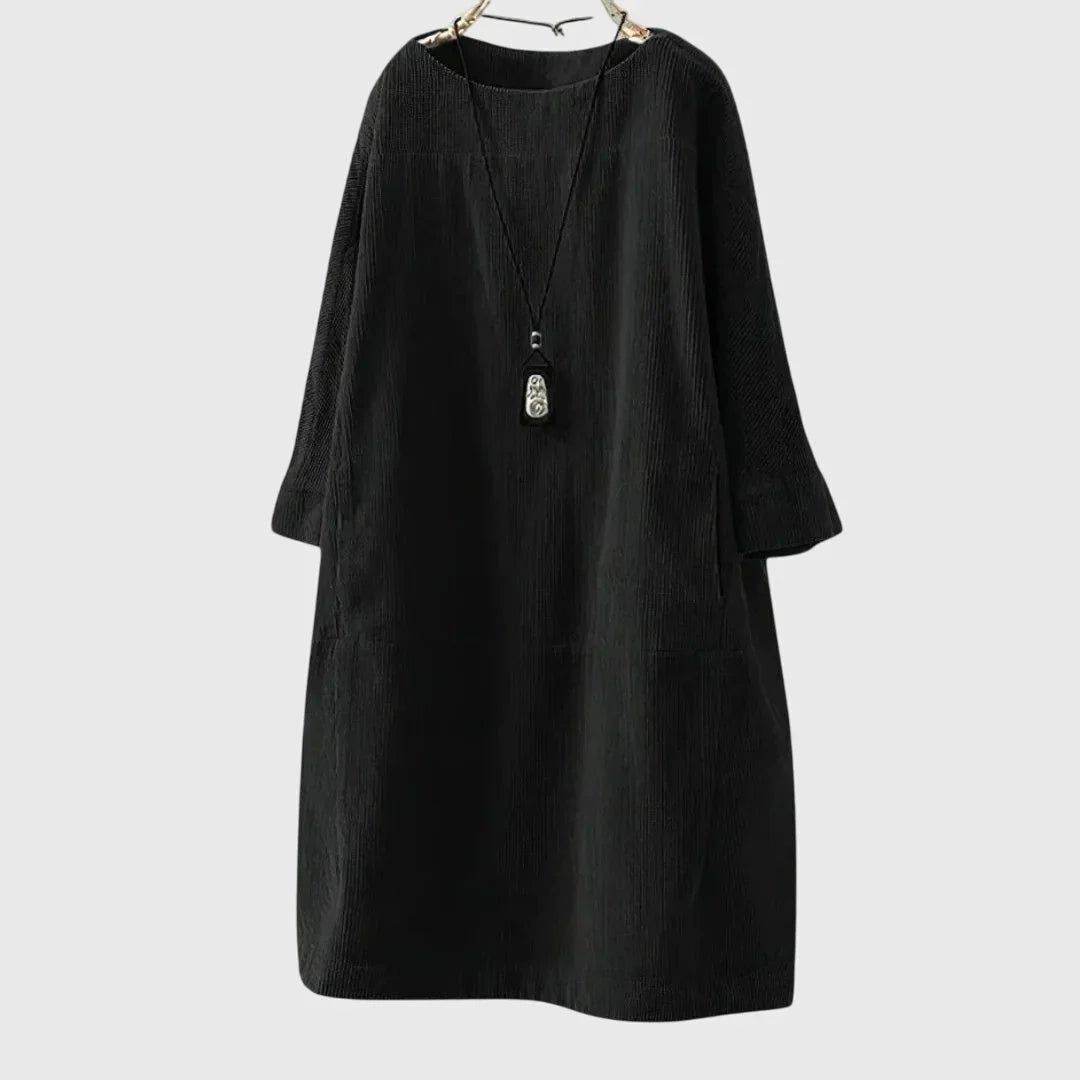 Women's corduroy crew neck midi dress with two patch pockets