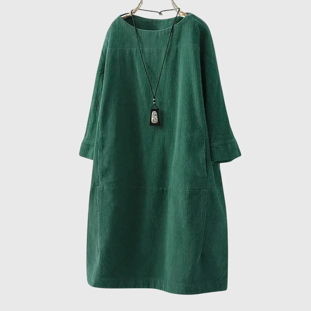 Women's corduroy crew neck midi dress with two patch pockets