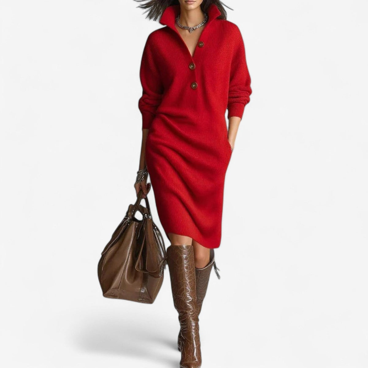 Women's Ribbed Knit Midi Dress | Buttoned Collar, Side Pockets and a Below the Knee Hem | Size S-3XL, 4 Colors