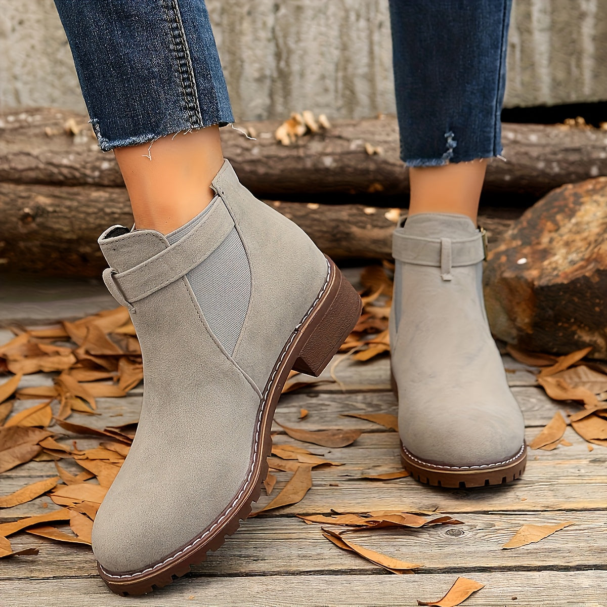 Women's Faux Suede Chelsea Boots with Ankle Buckle | Low Block Heel, Round Toe, Elastic Gores | Size 5.5-10.5