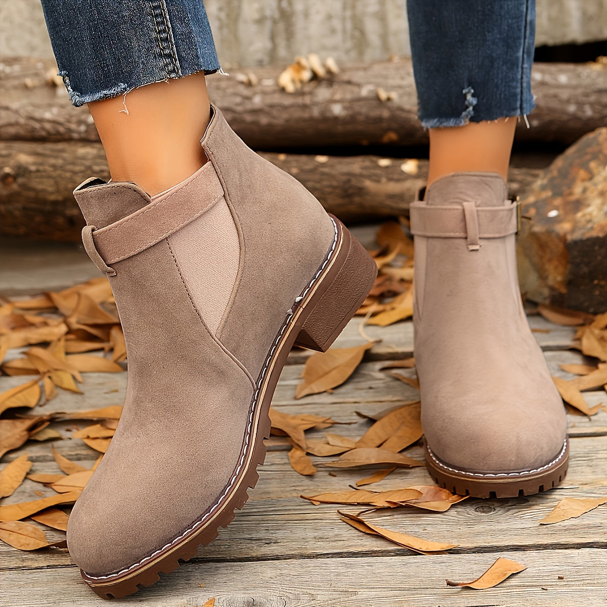 Women's Faux Suede Chelsea Boots with Ankle Buckle | Low Block Heel, Round Toe, Elastic Gores | Size 5.5-10.5