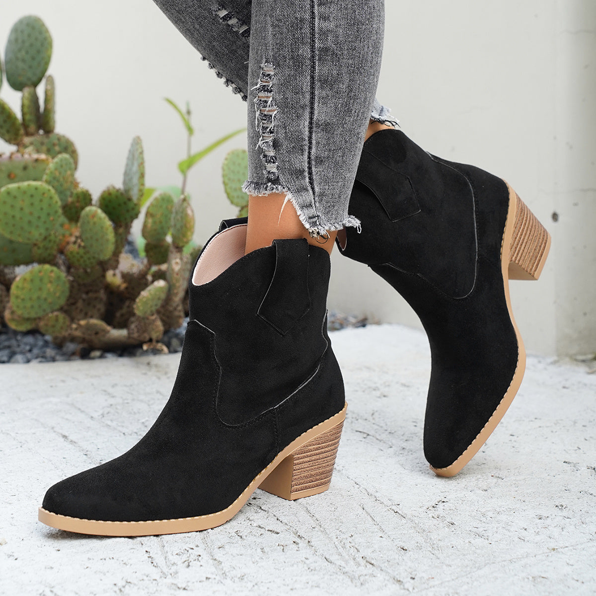 Women's Western Ankle Boots in Faux Suede | Wide Block Heel, Tapered Toe and a Pull On Fit | Size 5.5-10.5, 2 Colors