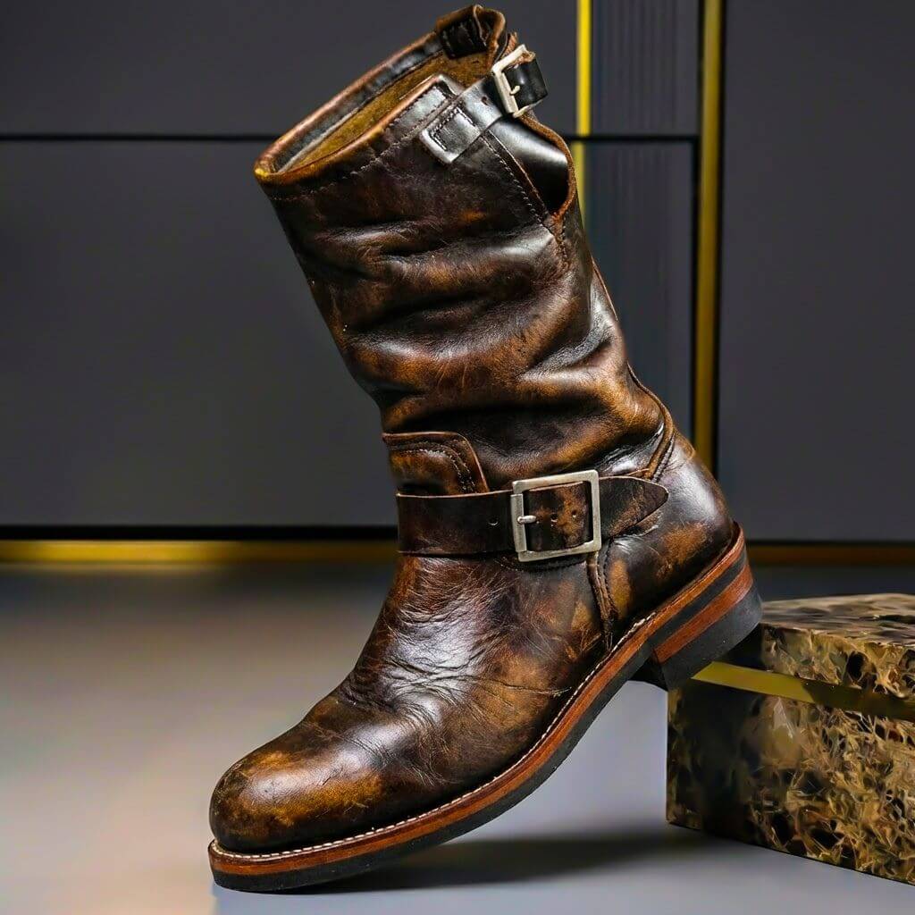 Sullivan | Mens Aged Leather Retro Boots with Buckles | Cushioned Insoles, Grip Sole | Brown, Burgundy and More US 6-14.5