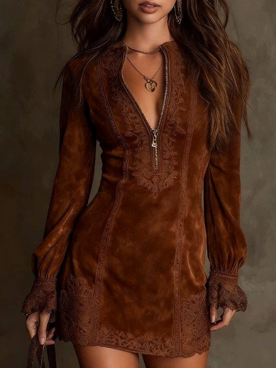 Rhea - Women's Embroidered Zip Front Tunic Dress