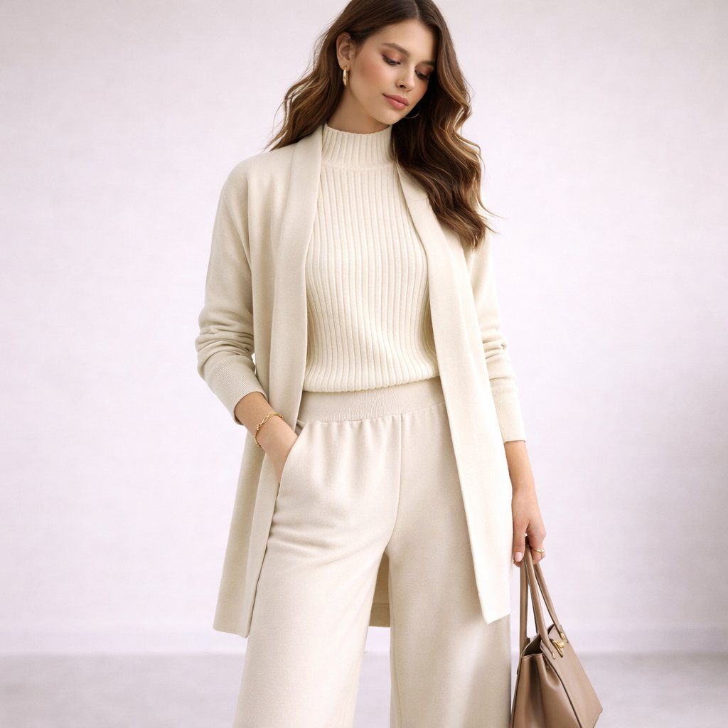 Josiane | Ribbed Knit Longline Cardigan Set with Mock Neck for Women