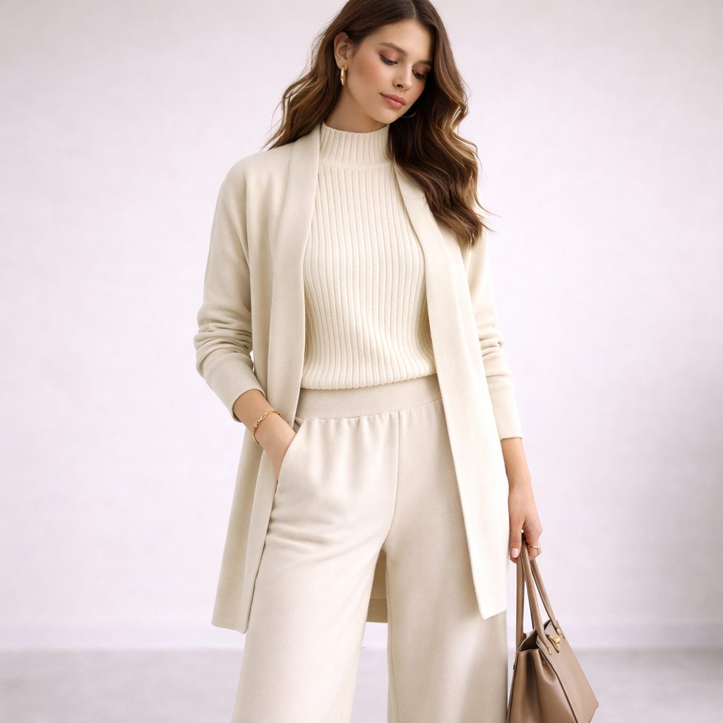 Aurelie | Ribbed Knit Three-Piece Lounge Set with Long Cardigan for Women