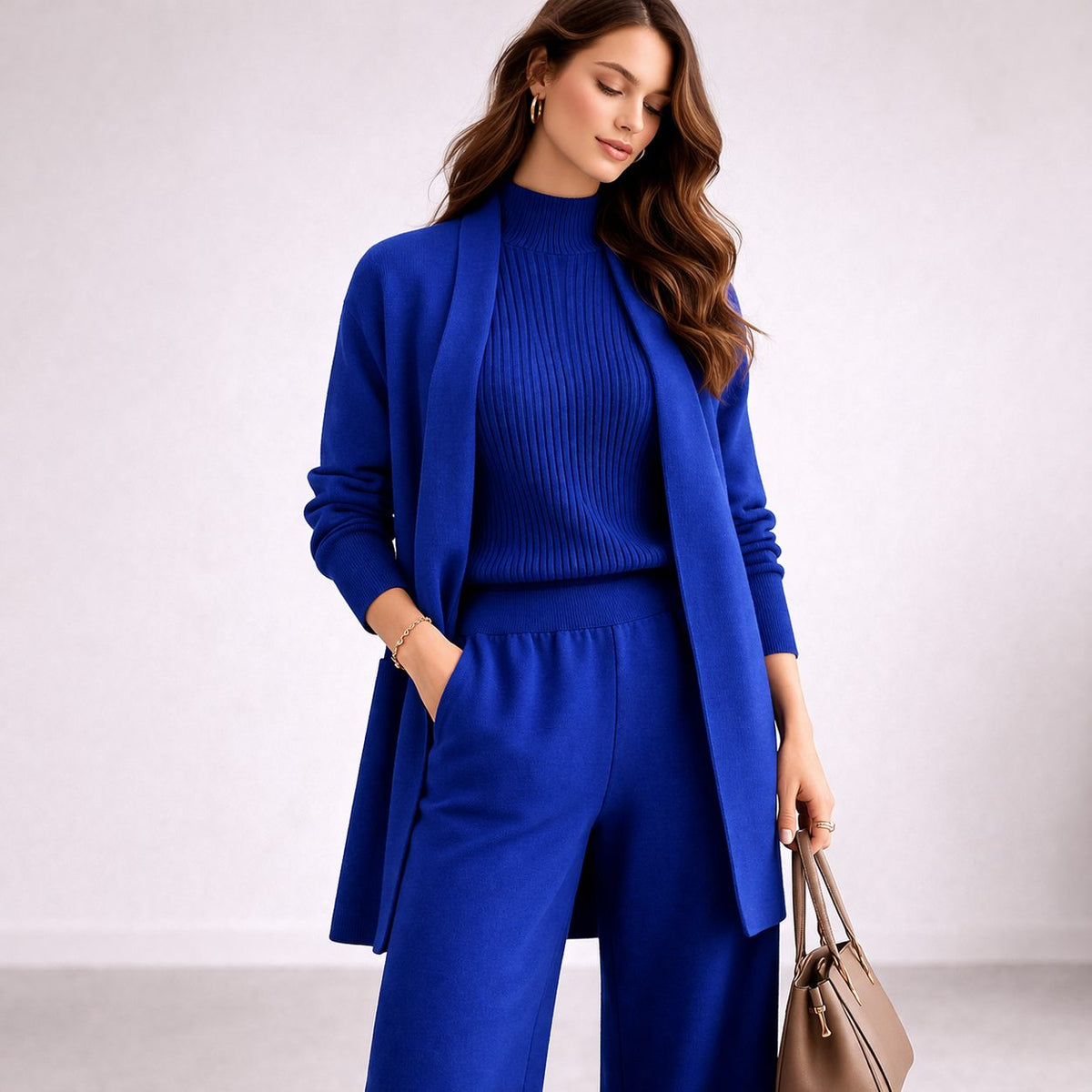 Aurelie | Ribbed Knit Three-Piece Lounge Set with Long Cardigan for Women