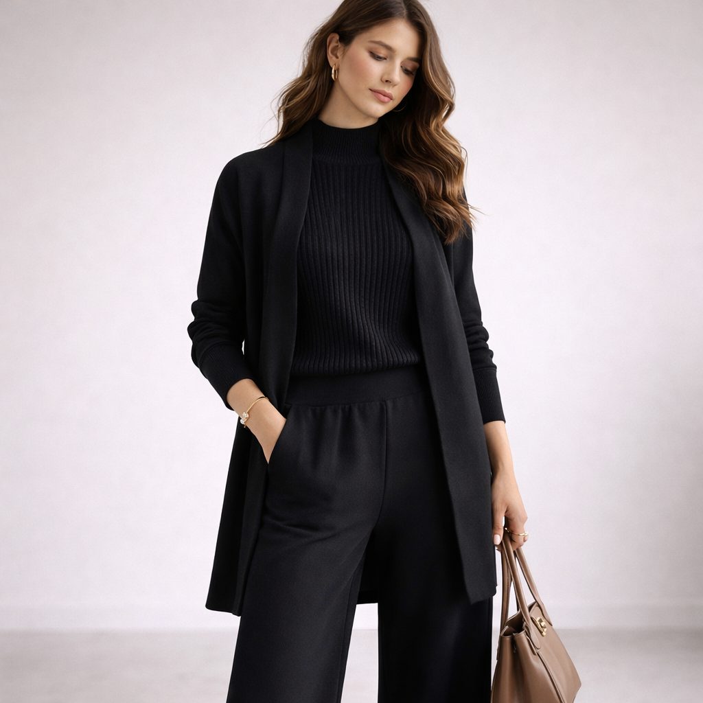 Aurelie | Ribbed Knit Three-Piece Lounge Set with Long Cardigan for Women
