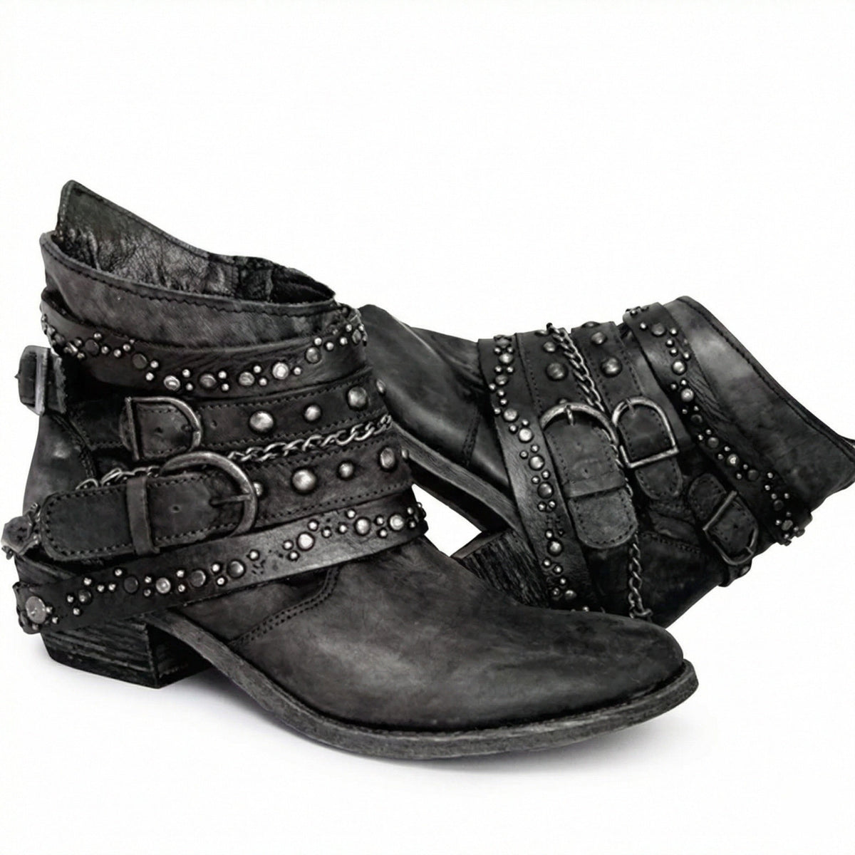 Kelly | Womens Studded Leather Ankle Boots with Buckles | Side Zip, Block Heel | Brown, Black and More US 4.5-11
