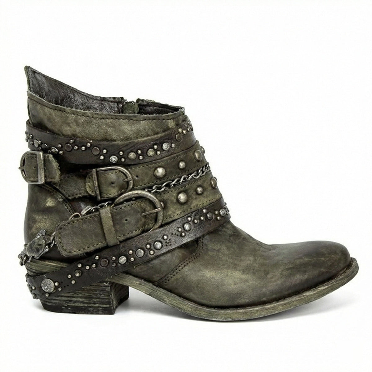 Kelly | Womens Studded Leather Ankle Boots with Buckles | Side Zip, Block Heel | Brown, Black and More US 4.5-11
