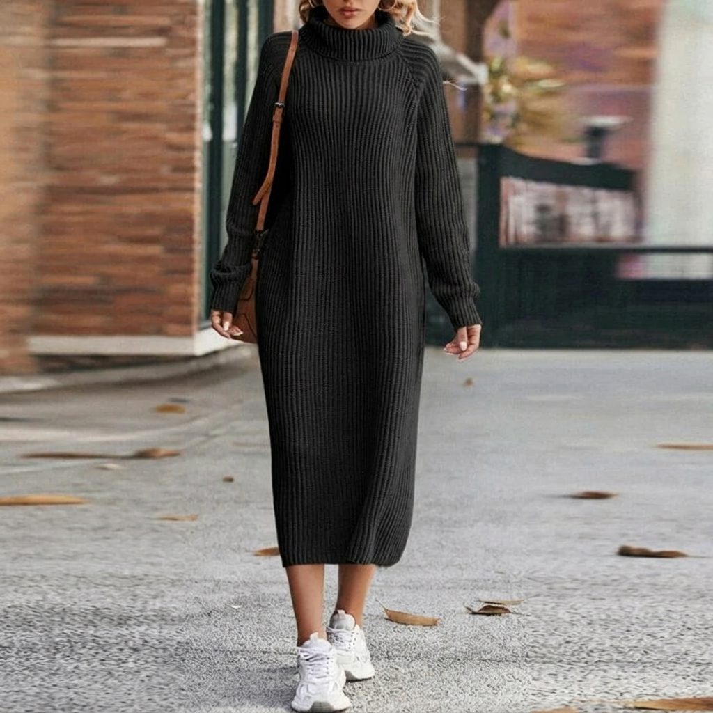 Rina | Ribbed Knit Midi Dress with Roll Neck for Women