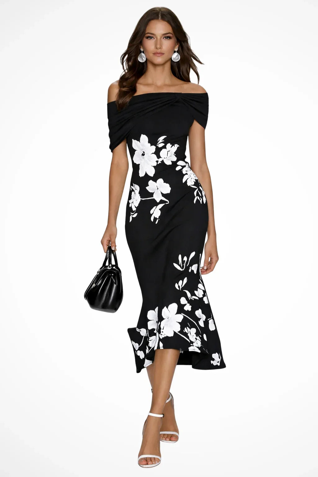 Roberta | Women's Off Shoulder Floral Cocktail Midi Dress with Ruffle Hem