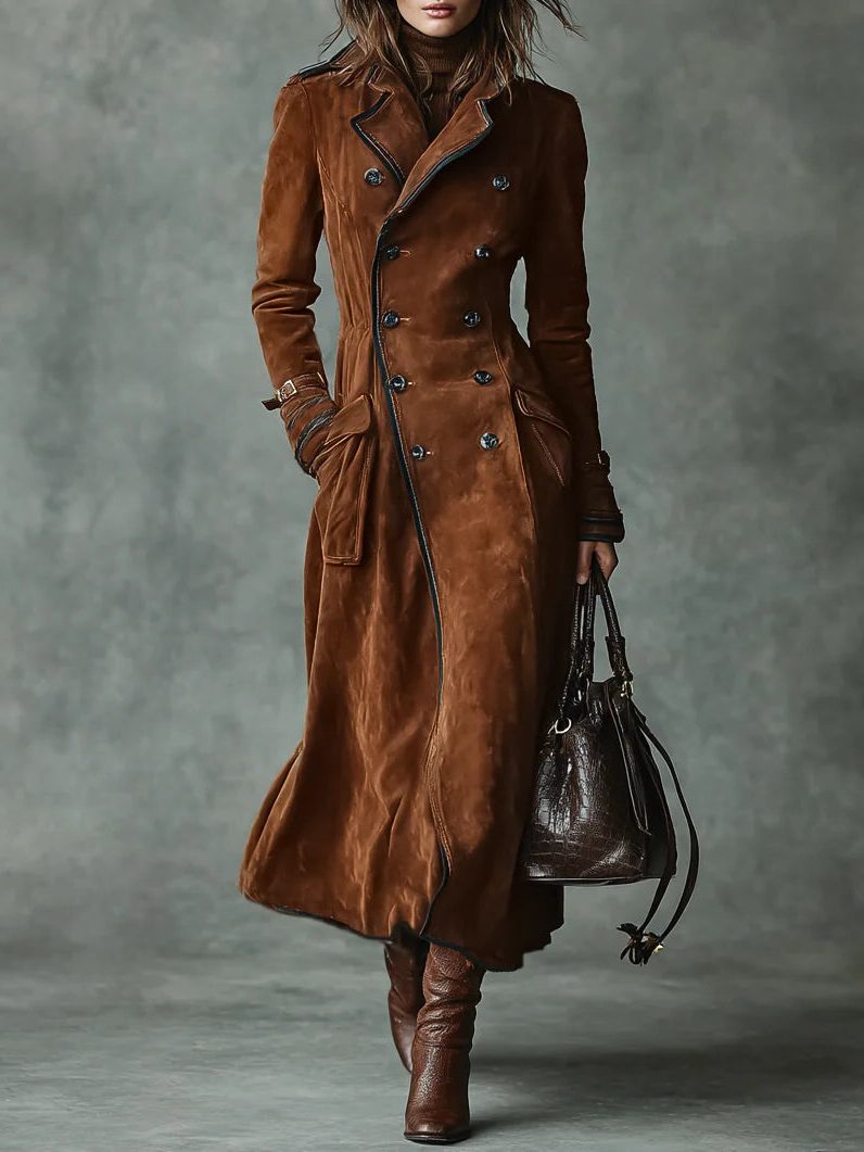 Rosa | Suede Double-Breasted Long Coat with Lapel Collar for Women