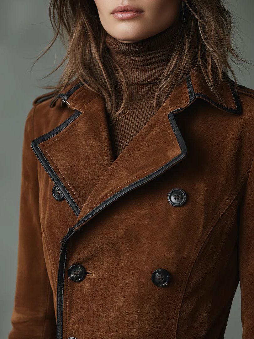Rosa | Suede Double-Breasted Long Coat with Lapel Collar for Women