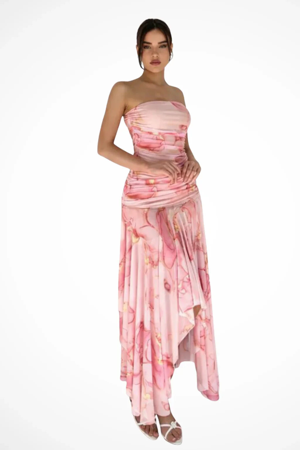 Rosalind | Floral Strapless Summer Maxi Dress with Ruffle and Gathered Bodice
