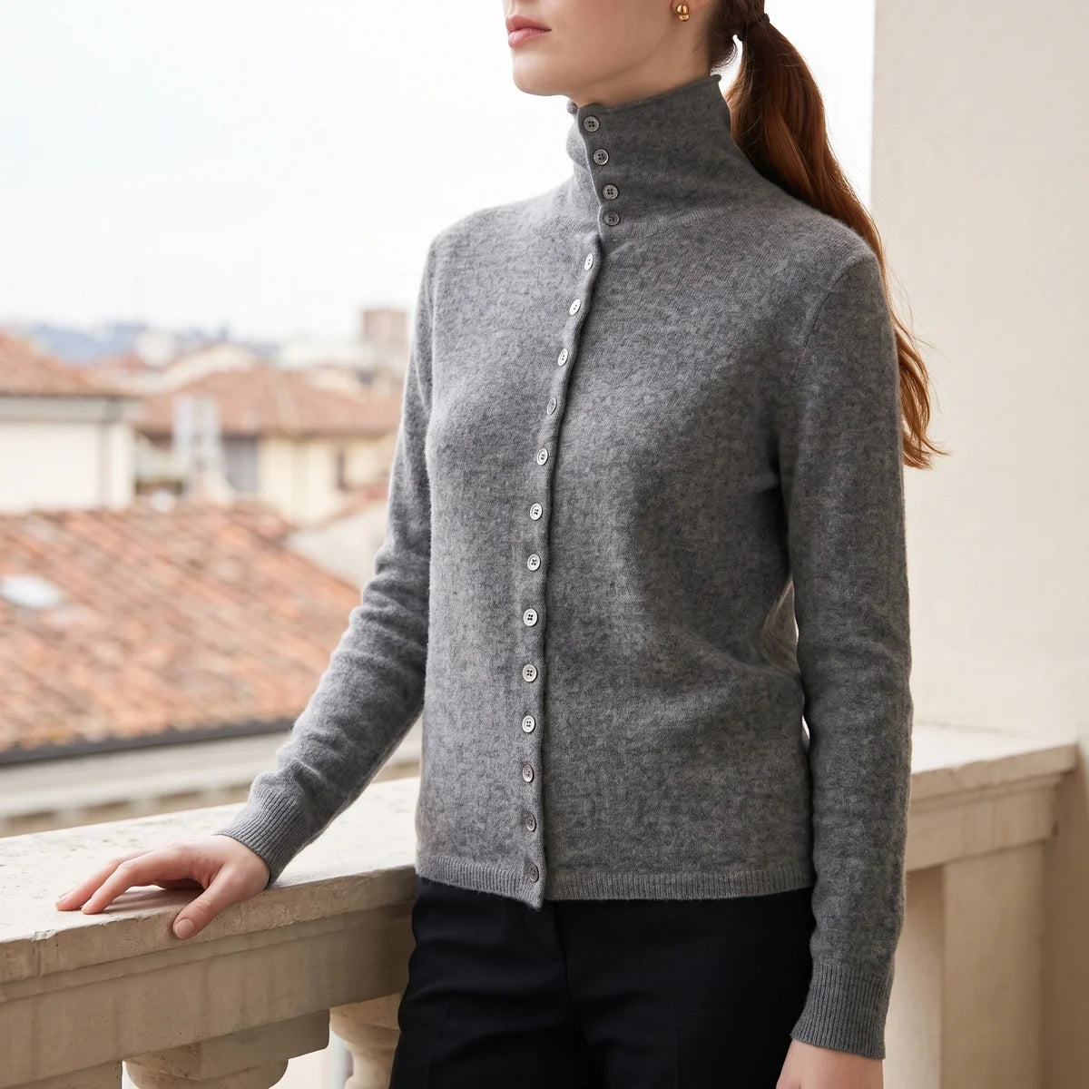 Rosaline Cashmere High Neck Button Cardigan