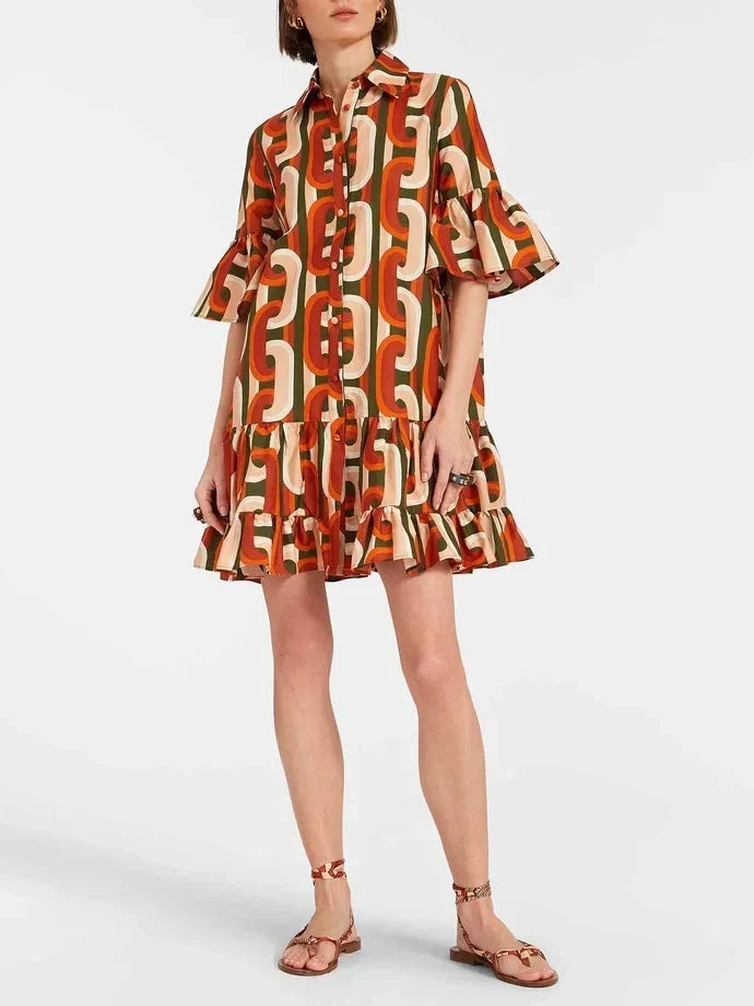 Rosie | Red Mini Shirt Dress with Belted Waist and Ruffle Hem