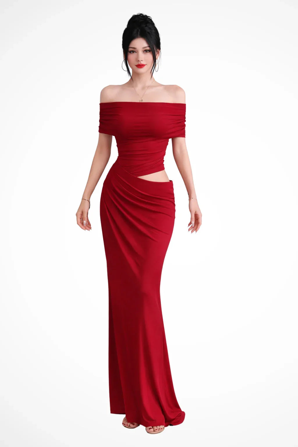 Rosie | Ruched Off Shoulder Cut Out Evening Maxi Dress with Formal Styling