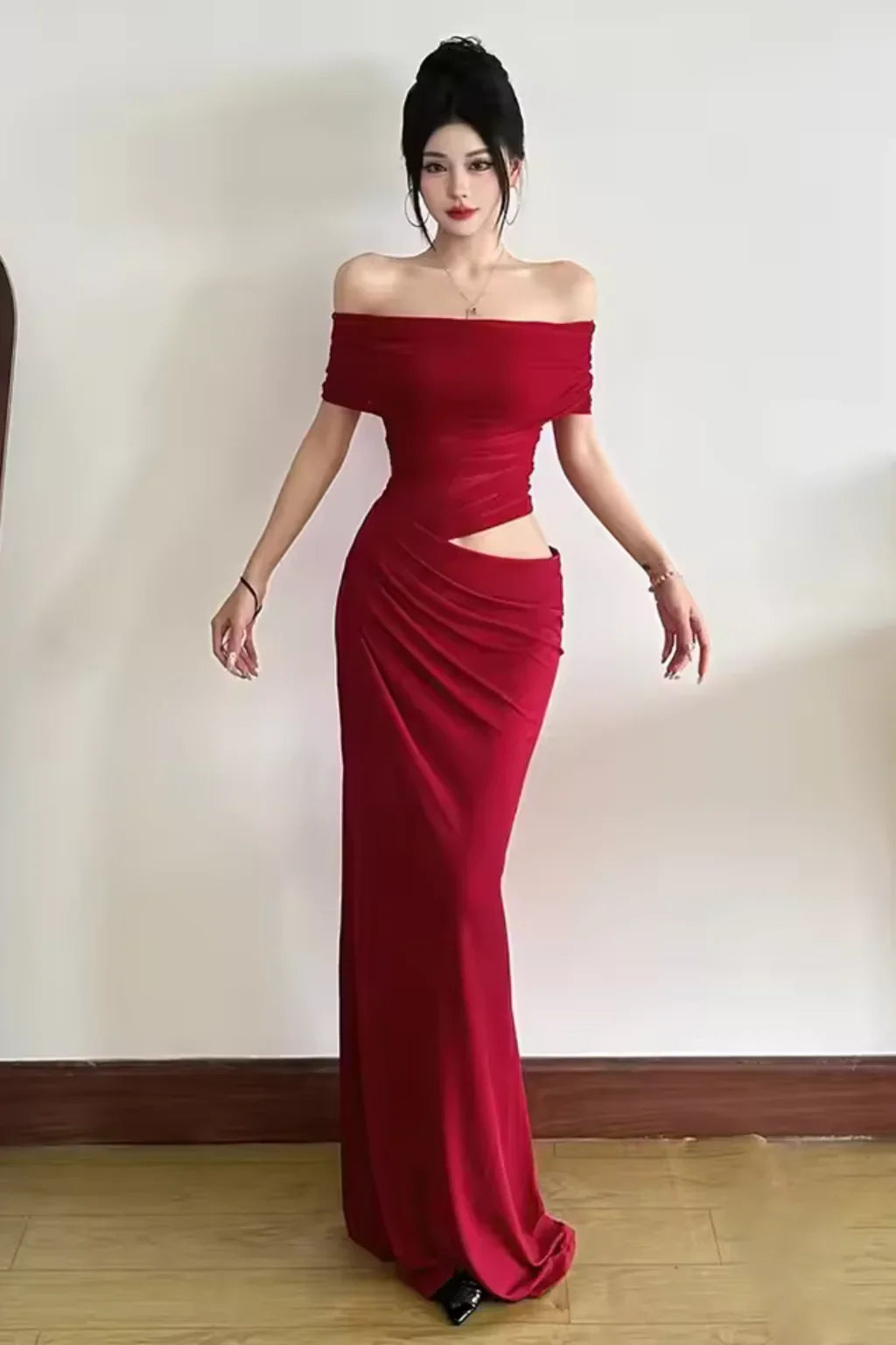 Rosie | Ruched Off Shoulder Cut Out Evening Maxi Dress with Formal Styling