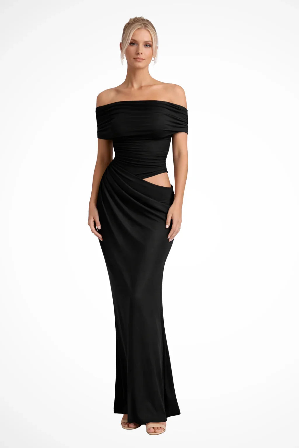 Rosie | Ruched Off Shoulder Cut Out Evening Maxi Dress with Formal Styling