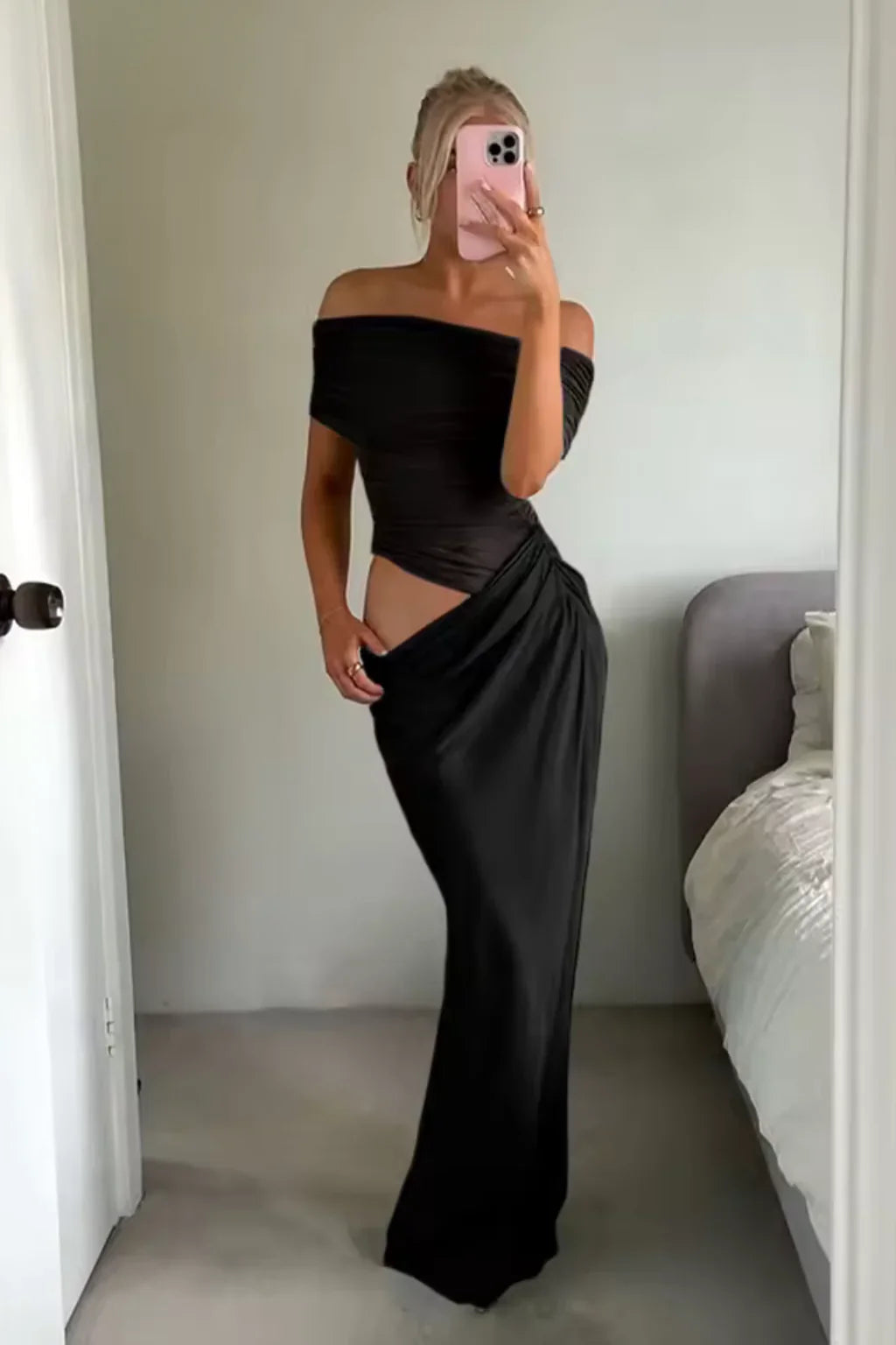 Rosie | Ruched Off Shoulder Cut Out Evening Maxi Dress with Formal Styling
