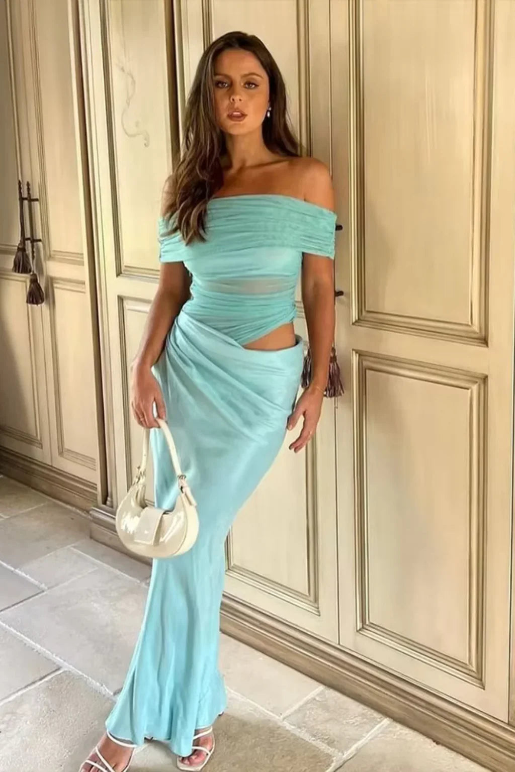 Rosie | Ruched Off Shoulder Cut Out Evening Maxi Dress with Formal Styling