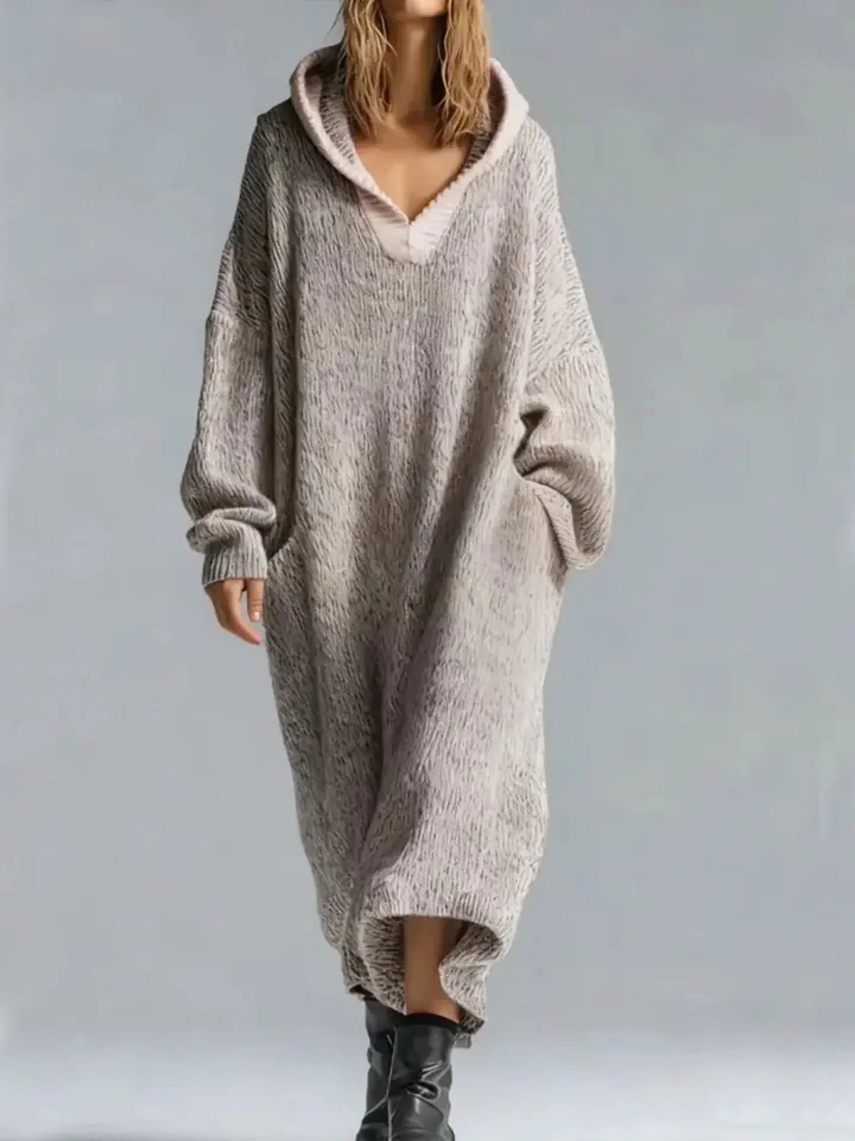 Rowena | Ribbed Knit Sweater Evening Maxi Dress with Hood and Pockets