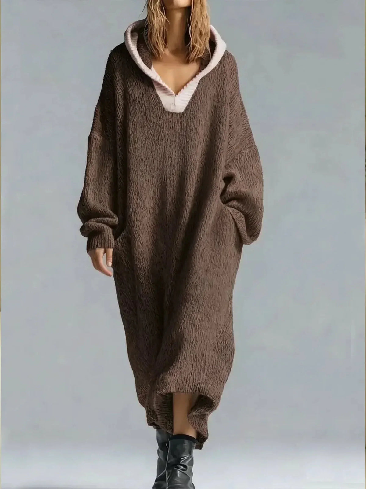 Rowena | Ribbed Knit Sweater Evening Maxi Dress with Hood and Pockets