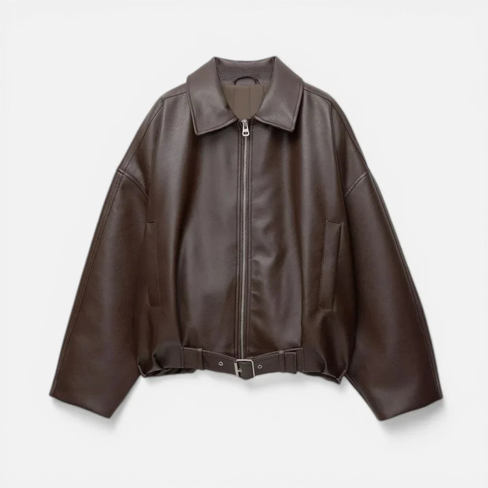 Roxanne | Oversized Leather Bomber Jacket with Belted Waist and Zip Front
