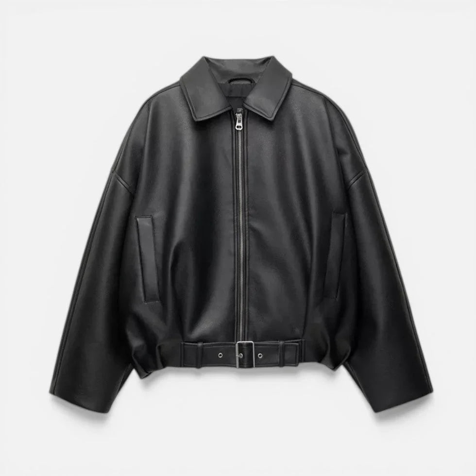 Roxanne | Oversized Leather Bomber Jacket with Belted Waist and Zip Front