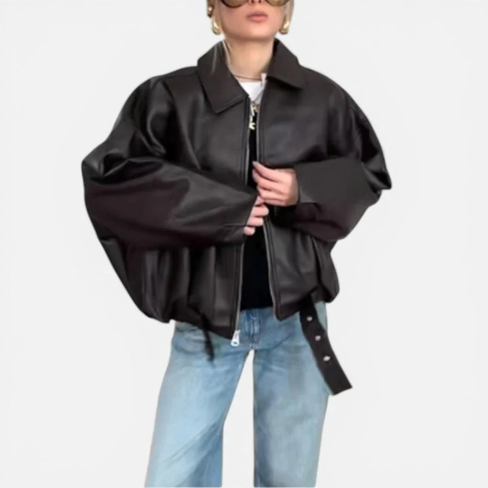 Roxanne | Oversized Leather Bomber Jacket with Belted Waist and Zip Front