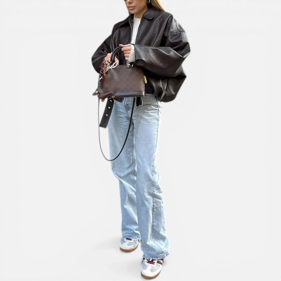 Roxanne | Oversized Leather Bomber Jacket with Belted Waist and Zip Front