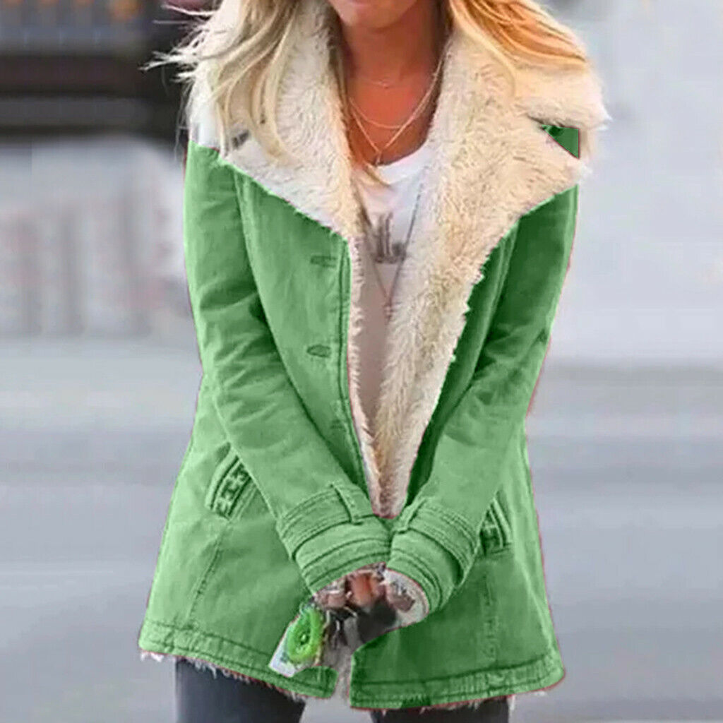 Women's Shearling Collar Winter Coat, Long Sleeves, Button Front