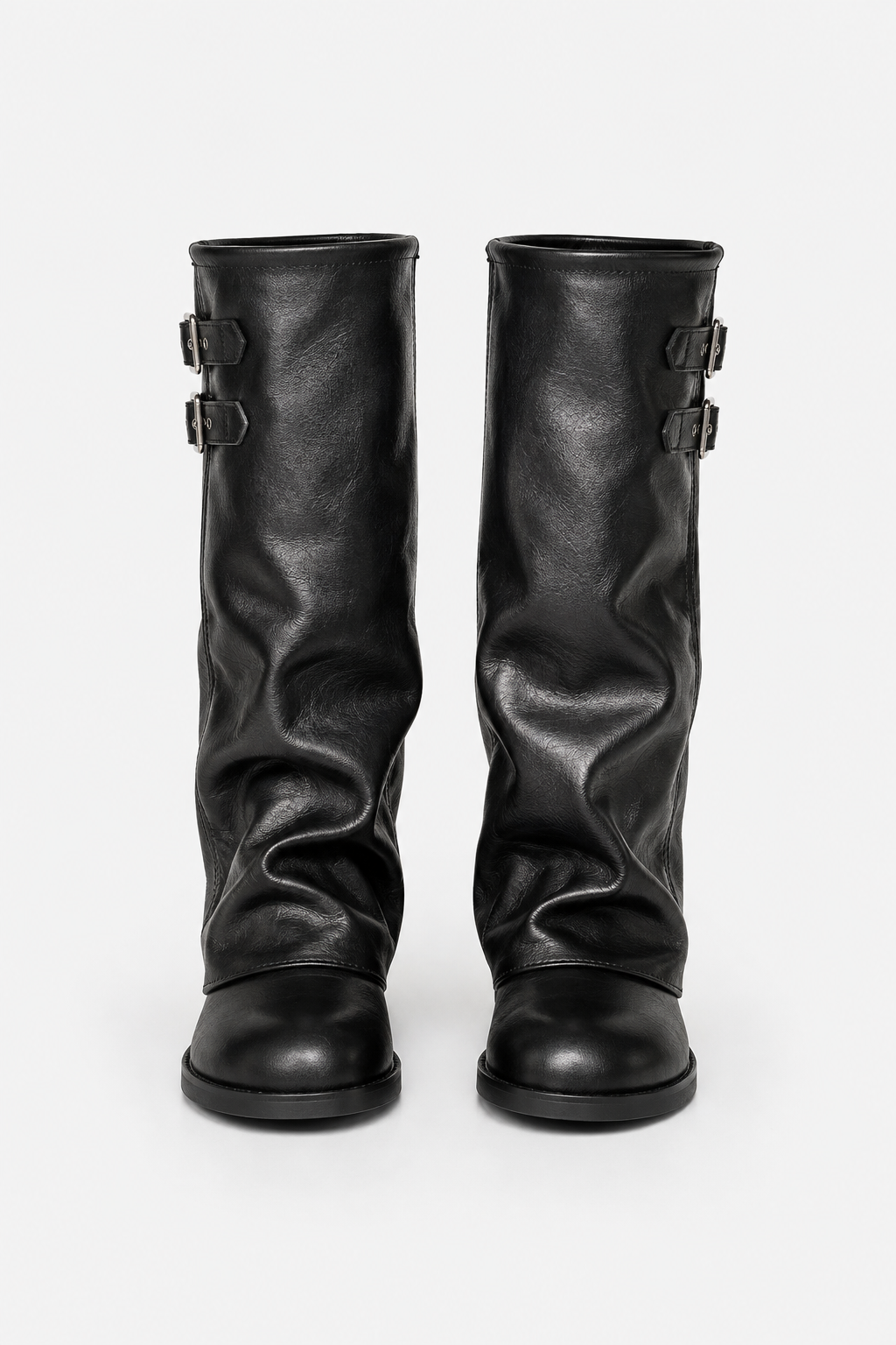 Women's Tall Slouch Boots, Double Buckle Straps, Low Heel