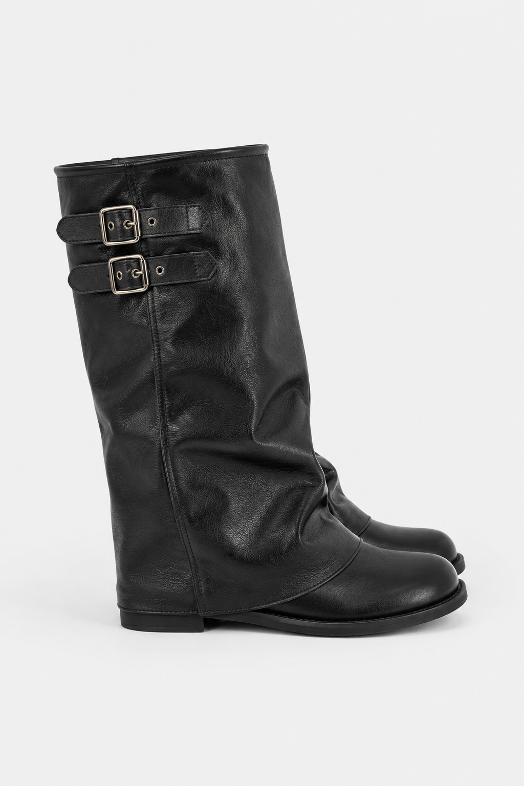 Women's Tall Slouch Boots, Double Buckle Straps, Low Heel