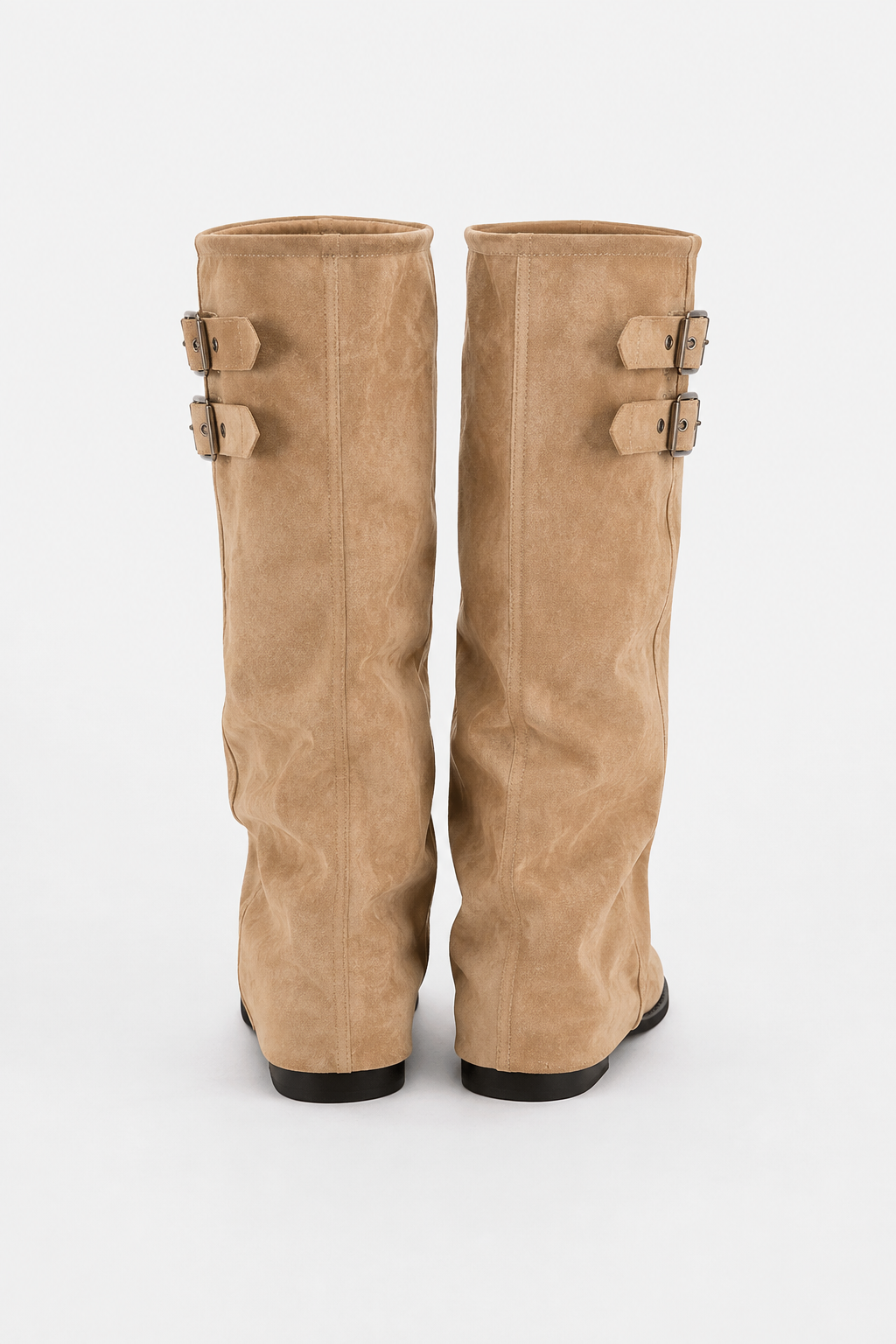 Women's Tall Slouch Boots, Double Buckle Straps, Low Heel