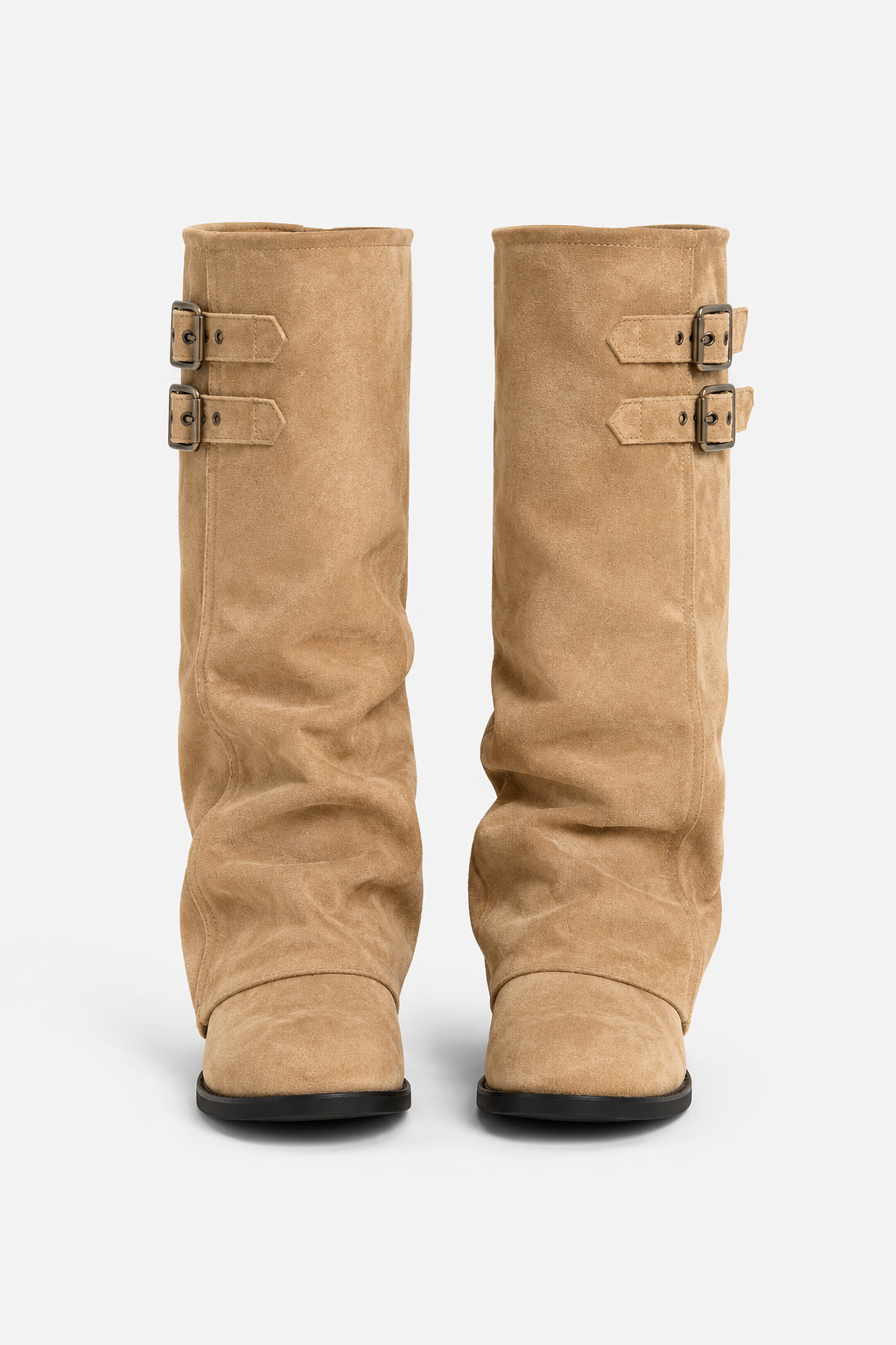 Women's Tall Slouch Boots, Double Buckle Straps, Low Heel