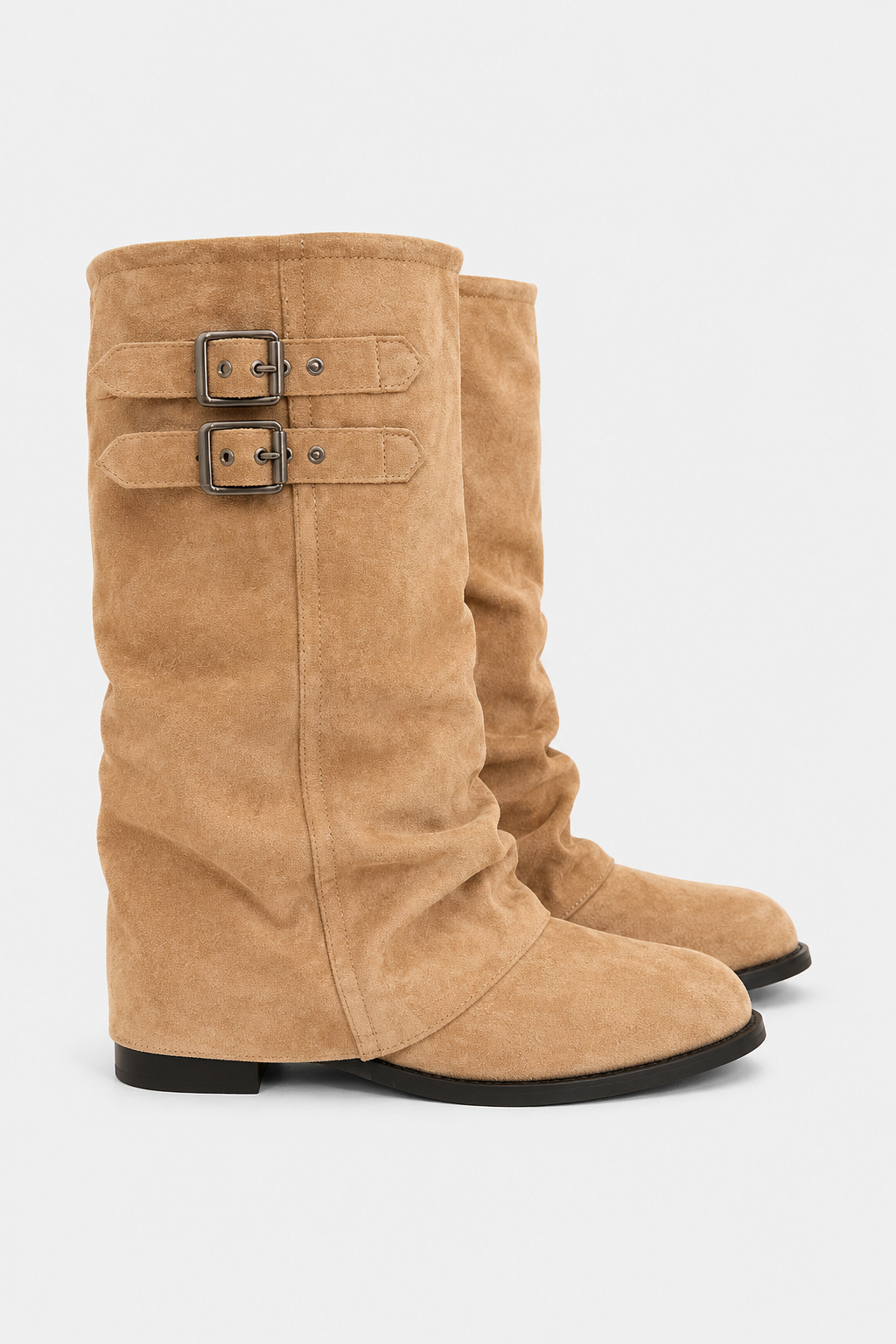 Women's Tall Slouch Boots, Double Buckle Straps, Low Heel