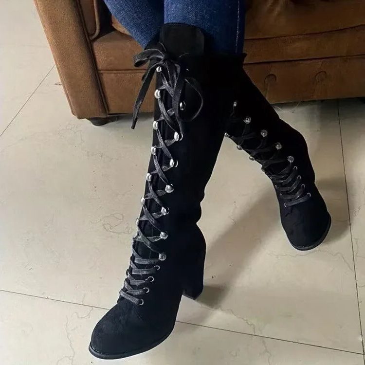 Sabella | Lace-Up Block Heel Knee High Boots for Women