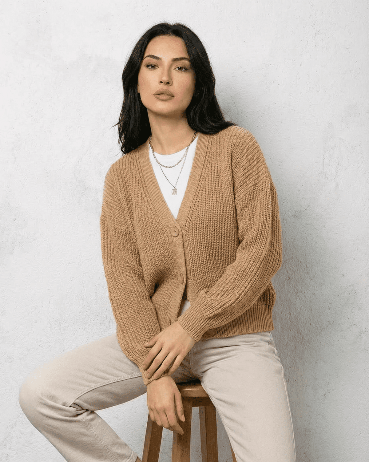 Women's Beige V-Neck Button Cardigan, Long Sleeves, Ribbed Trim
