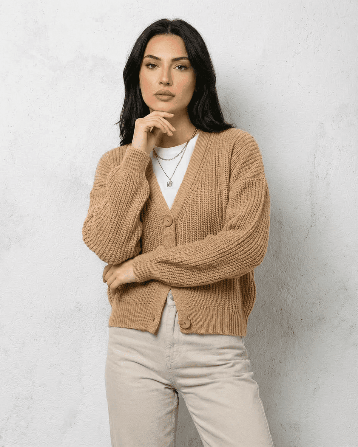 Women's Beige V-Neck Button Cardigan, Long Sleeves, Ribbed Trim