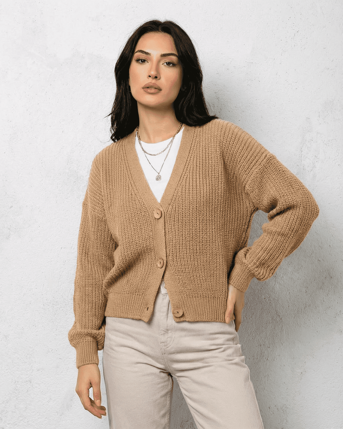 Women's Beige V-Neck Button Cardigan, Long Sleeves, Ribbed Trim
