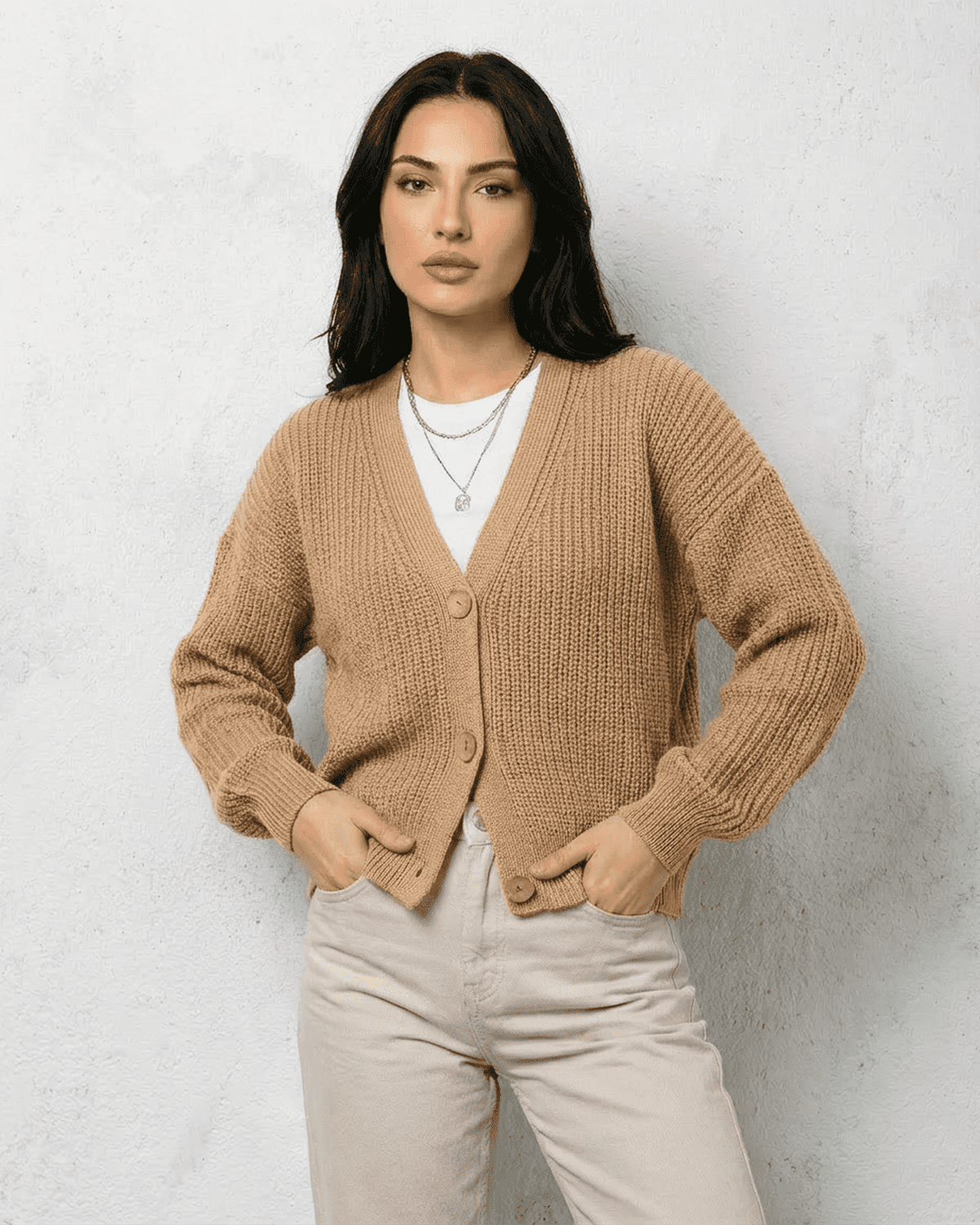 Women's Beige V-Neck Button Cardigan, Long Sleeves, Ribbed Trim