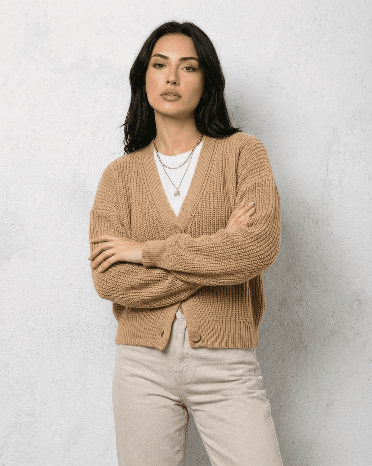 Women's Beige V-Neck Button Cardigan, Long Sleeves, Ribbed Trim