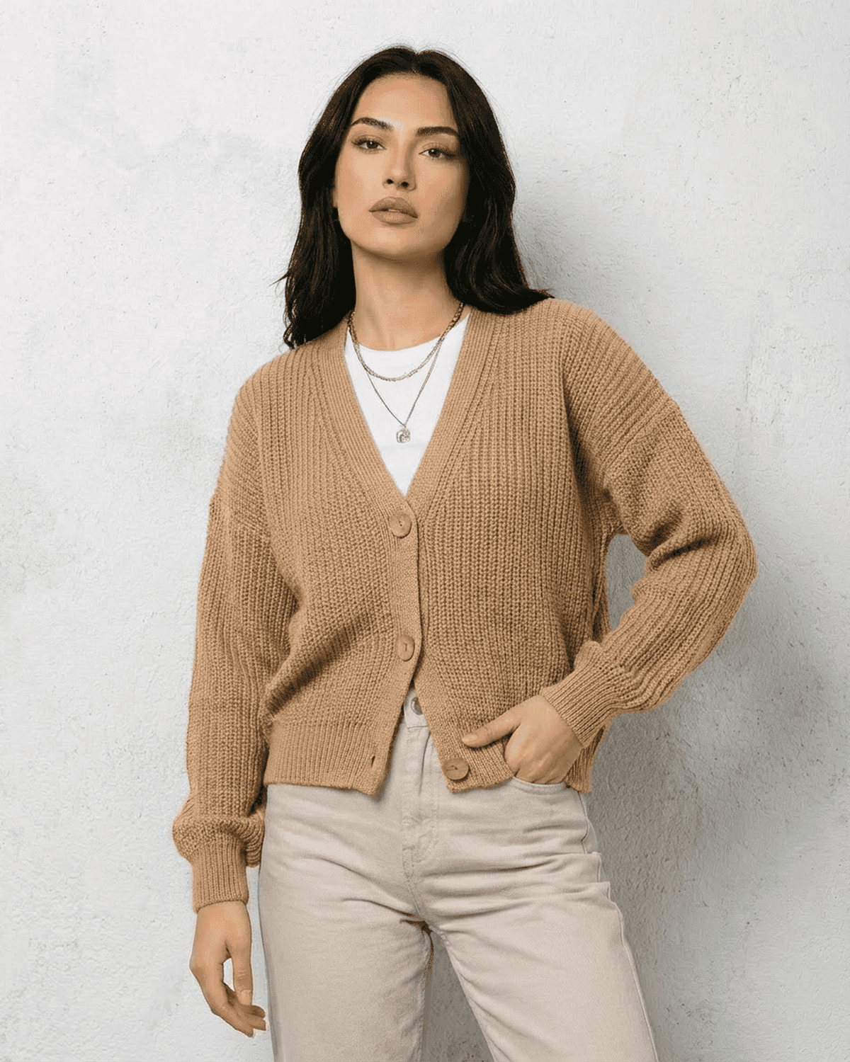 Women's Beige V-Neck Button Cardigan, Long Sleeves, Ribbed Trim